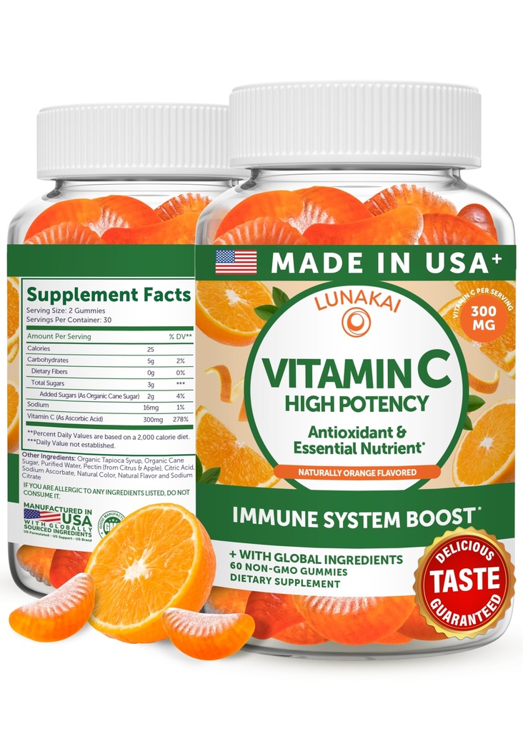 Lunakai USA valmistatud kõrge potentsi C-vitamiini kummid täiskasvanutele ja lastele - 300mg immuunsüsteemi tugi - Non-GMO, Vegan, maitsev Orange Maitse, 60ct