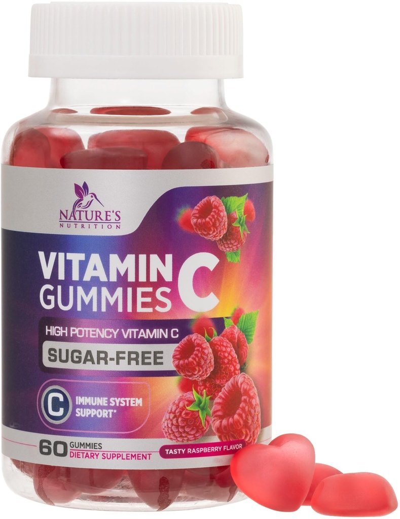 Suhkruvaba C-vitamiini kummid - immuunsuse tugi ja antioksüdant C-vitamiini toidulisand - Vegan, GMO, piima ja gluteenivaba C-vitamiini nämmy - Vaarikamaitse lastele ja täiskasvanutele - 60 Count Gummies