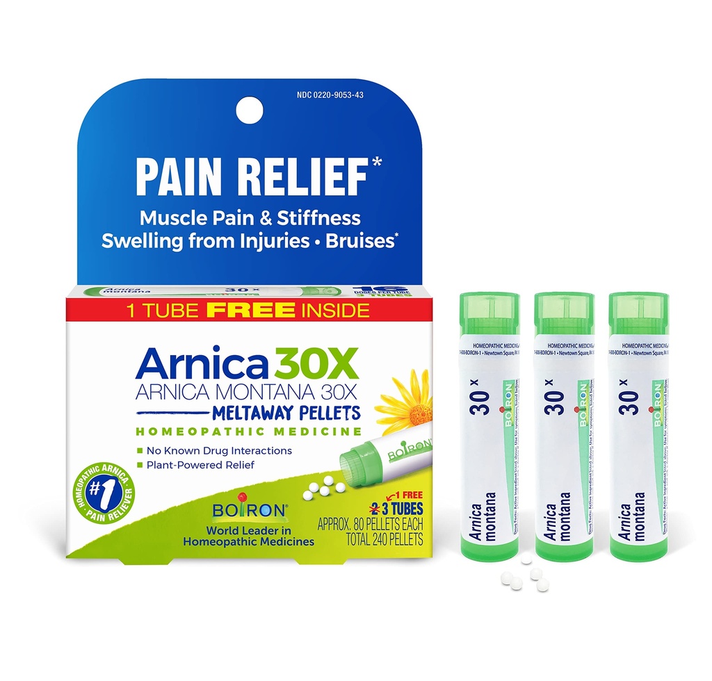 Boiron Arnica Montana 30X homöopaatiline ravim lihasvalu, lihaste jäikuse, vigastusest turse ja sinikate värvimuutuse leevendamiseks - 3 Count (240 Pellets)
