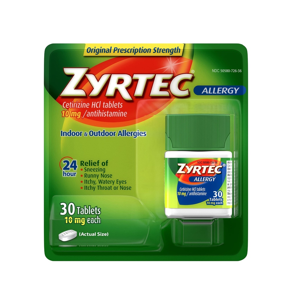 Zyrtec 24 tunni allergiat leevendavad tabletid , 10 mg tsetirisiin HCl antihistamiinne allergiameditsiin , 30 ct punane