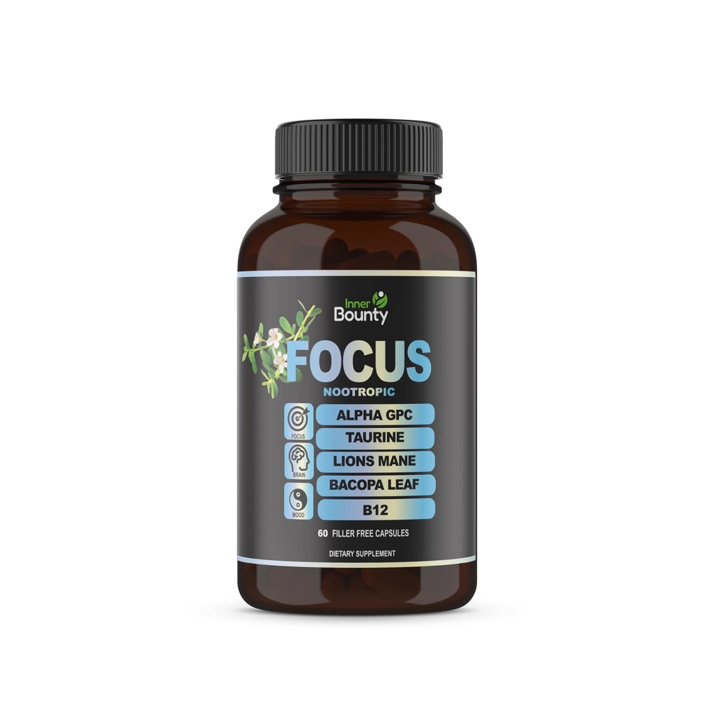 Fookus 14-in-1 Nootropic Brain Supplement koos Lions Mane, Alpha GPC koliin, vitamiin C & B12, tauriin, Bacopa - energia, kognitiivne, mälu tugi, 60 täiteaine tasuta kapslid