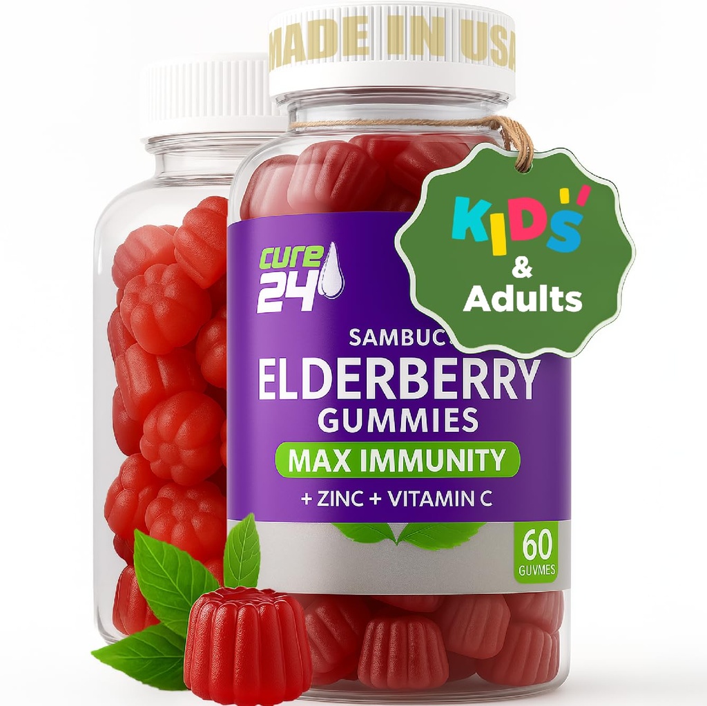 Sambucus Elderberry Gummies + C-vitamiin + tsink lastele ja täiskasvanutele, X3 immuunsüsteemi tugi, looduslikud maitsed + koostisosad, vegan, mitte-GMO, valmistatud USAs (60)