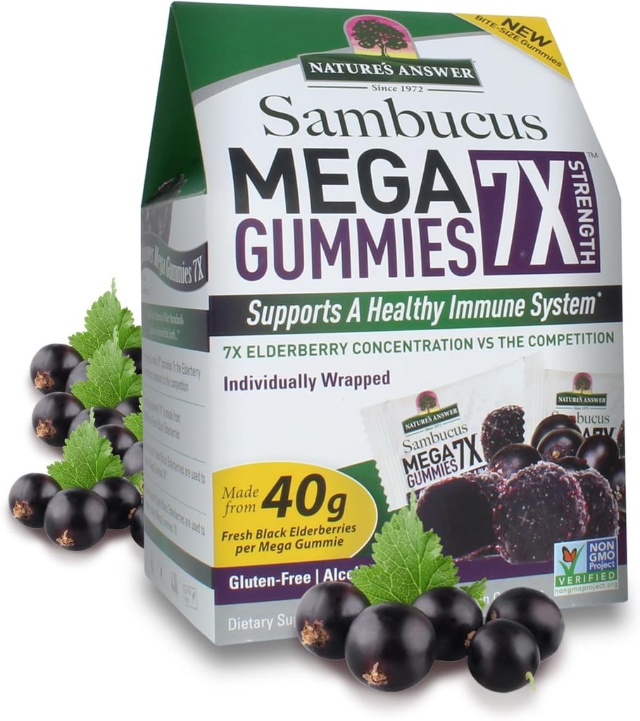 Looduse vastus Sambucus Mega Gummies | 7X Rohkem Elderberry kontsentratsioon | Alkoholivaba, gluteenivaba, želatiinivaba, vegan, GMO-vaba ja säilitusaineteta | 30ct Gummies (2. pakk)