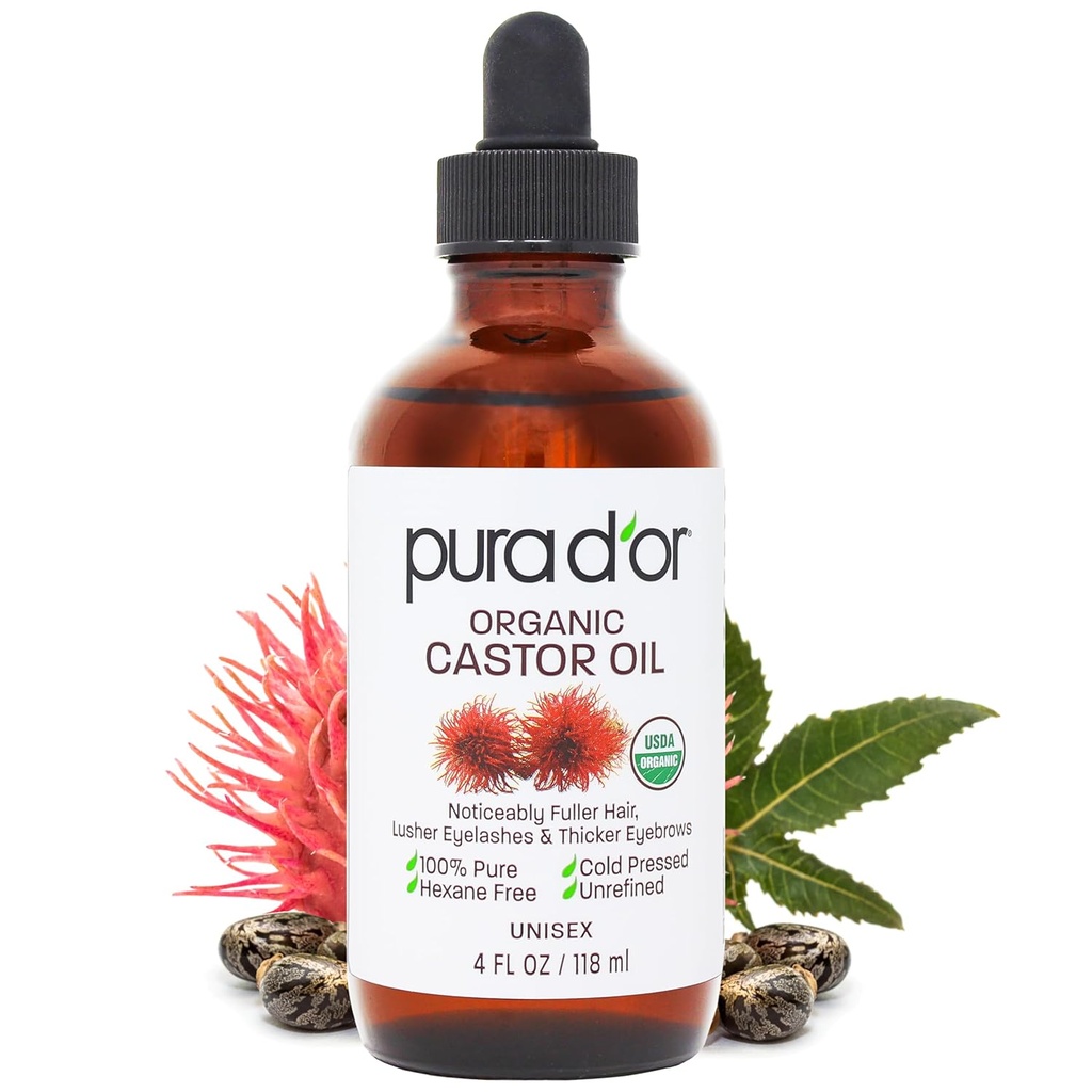 PURA D'OR 4 Oz ORGAANILINE kastoorõli - 100% puhas USDA sertifitseeritud külmpressitud, Hexane vaba ripsmetušš ja kulm seerum - Fuller, paksemad ripsmed ja kulmud - nahk ja juuksed