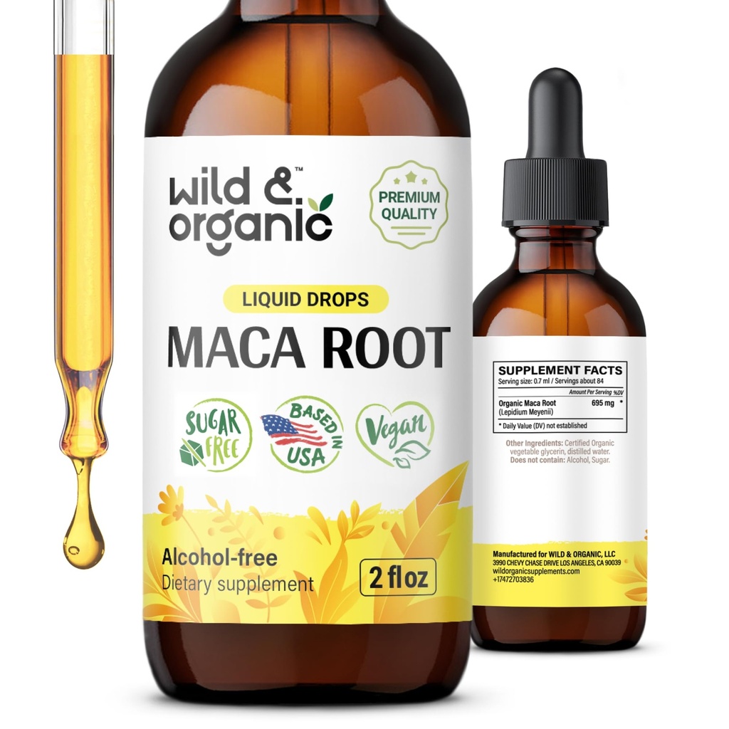 Wild & Organic Maca juure tilgad naistele ja meestele - meeleolu, fookus, aktiivne elustiil - Peruu Maca täiendus - Vegan, suhkur ja alkoholivaba tinktuur - 2 fl oz