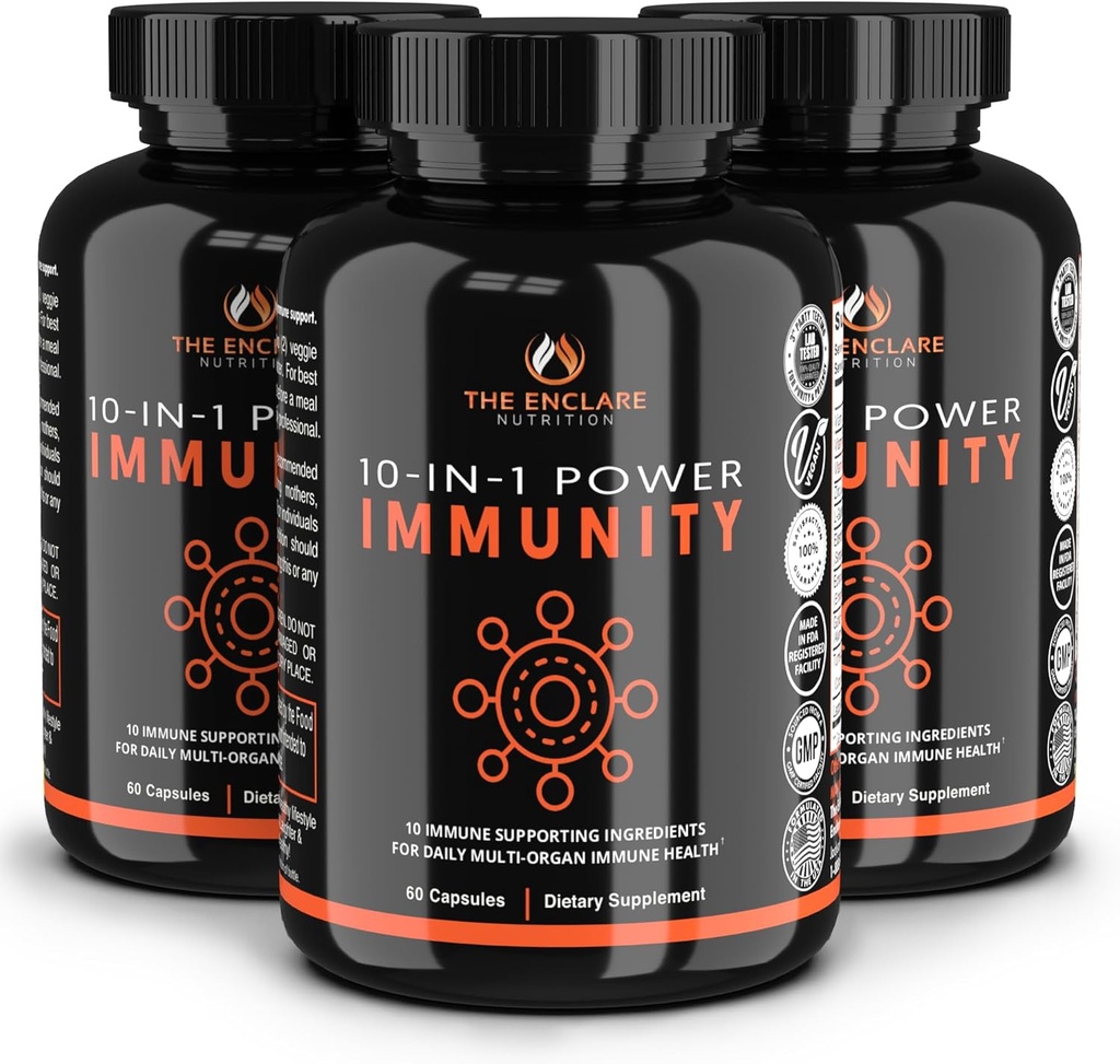 ENCLARE TOITAINE Immuunsüsteem toetab C-vitamiini, leedrimarja, tsingi, ehhinaatsea, kurkumiini, küüslauguga Vitamiinid. 10in1 Immunity Defense Supplement Booster täiskasvanutele. Veg Capsules 60ct (3)