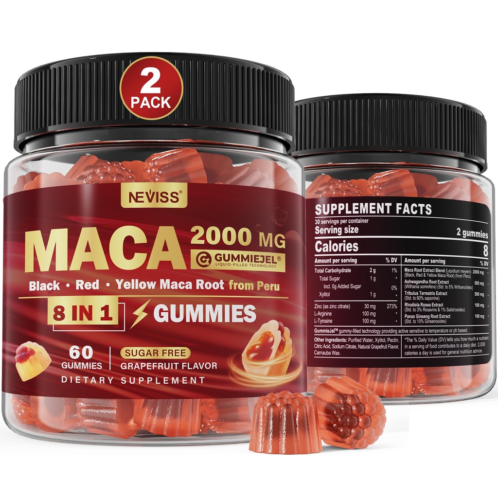 2 Pack Sugar Free Maca Root Gummies 2000mg koos Ashwagandha, Tribulus Terrestris, Rhodiola, Panax Ginseng, L Arginine & L Türosiin - Orgaaniline Black Red Yellow Maca Juur Naistele Meeste Energiatoetus