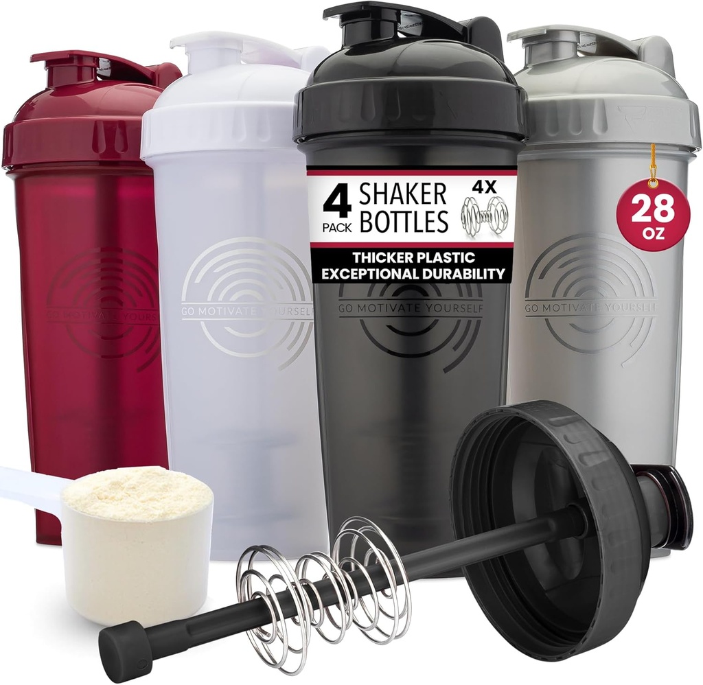 GOMOYO [4-Pack] 28-Ounce Shaker Bottle | Bulk Protein Shaker Pudel Action-Rod Wire Mixer | Shaker Cups on BPA vaba ja nõudepesumasin ohutu | Must, valge, hall & Maroon