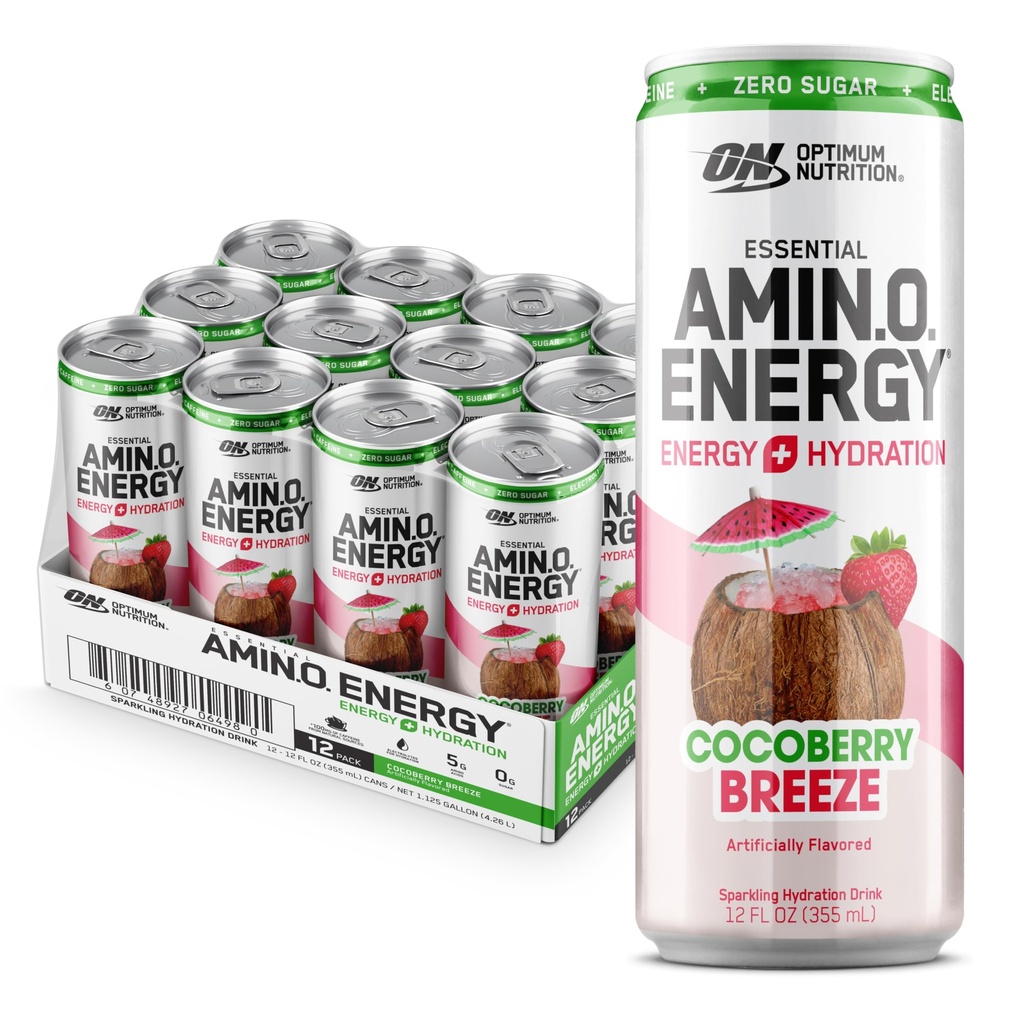 Optimaalne toitumine Amino energia vahuvein Hüdrastusjook, elektrolüüdid, kofeiin, aminohapped, BCAA-d, suhkruvaba, kookosõli Breeze, 12 Fl Oz, 12 Pack (pakendamine võib varieeruda)