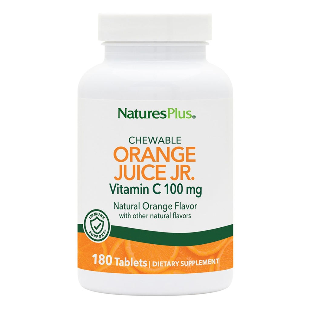 NaturesPlus Orange Juice Jr. - 180 närimistabletti - 100 mg C-vitamiini - immuunsüsteemi tugi - õrn kõhul - vegan, gluteenivaba - 180 serveerimist
