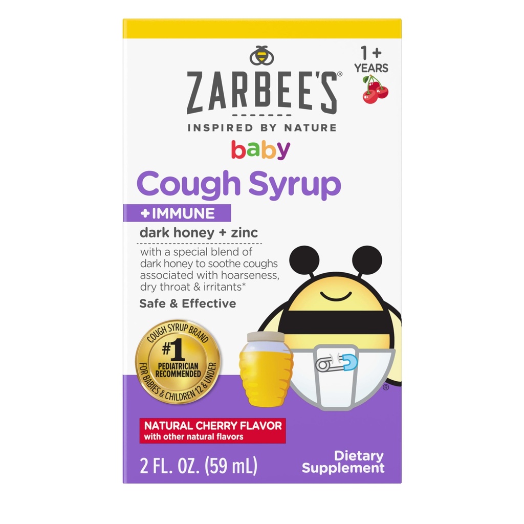 Zarbee's Baby Honey Cough Syrup + Immuun imikutele 12-24 kuud, ohutu ja efektiivne köha siirup rahustava tumeda meega ja tsink immuunsuse toetamiseks *, ravim ja alkoholivaba, kirss, 2 fl. oz