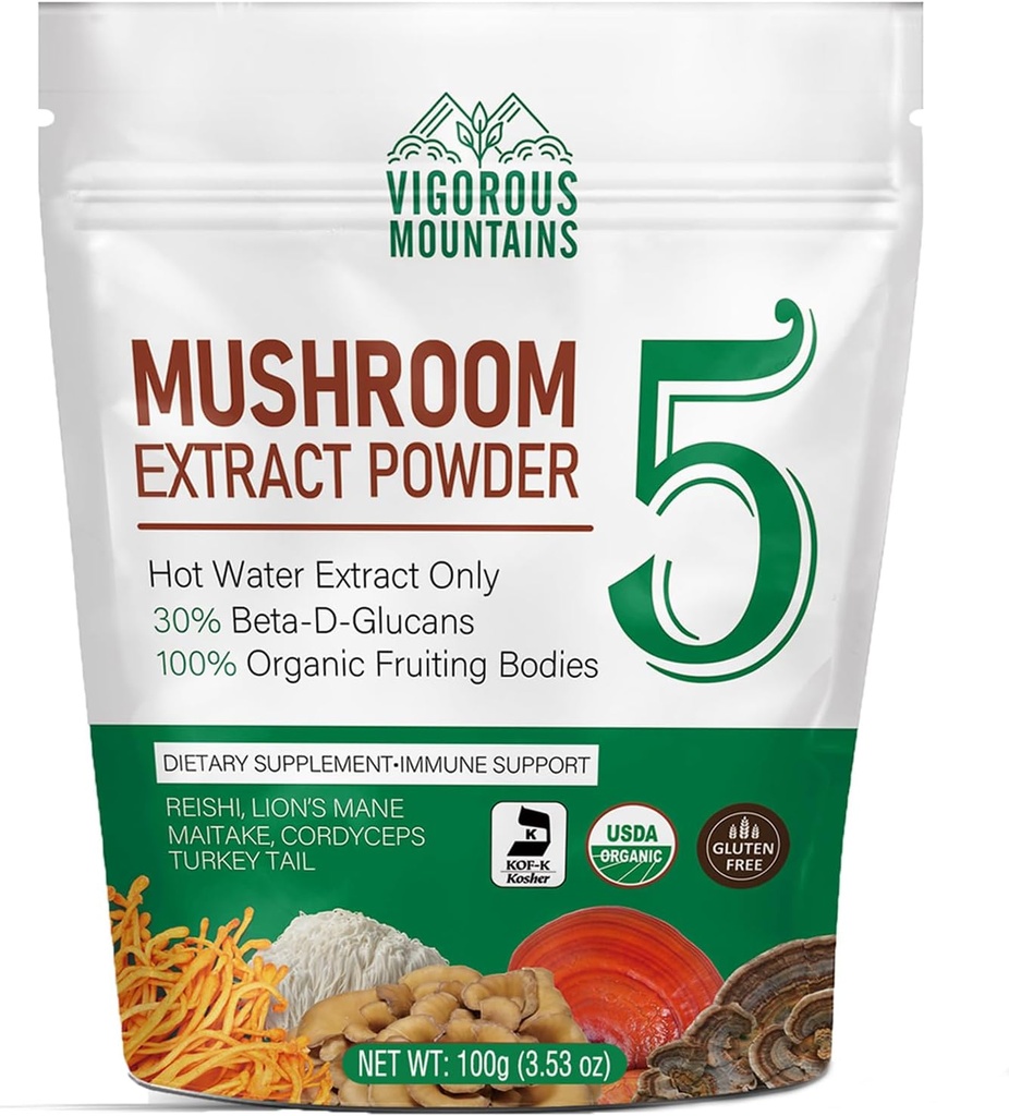 VIGOUS MÄNGUD Orgaaniline Seenepulber Toidulisand - USDA sertifitseeritud, Lions Mane & Reishi immuunsuse toetamiseks, aju fookus, vegan, segud koheselt kohvis ja smuutides (100 g)