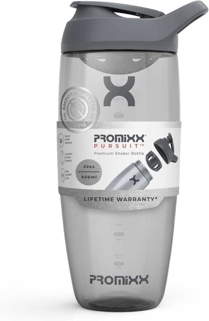 Promixx Pursuit Protein Shaker Bottle (32 oz) – Silent No-Ball Mixer, Leak-Proof Lid, BPA/BPS & Phtalaat-Free ECOZEN – Easy- Clean Shaker Cup for Protein Shakes, Pre & Post-Workout Smoothies