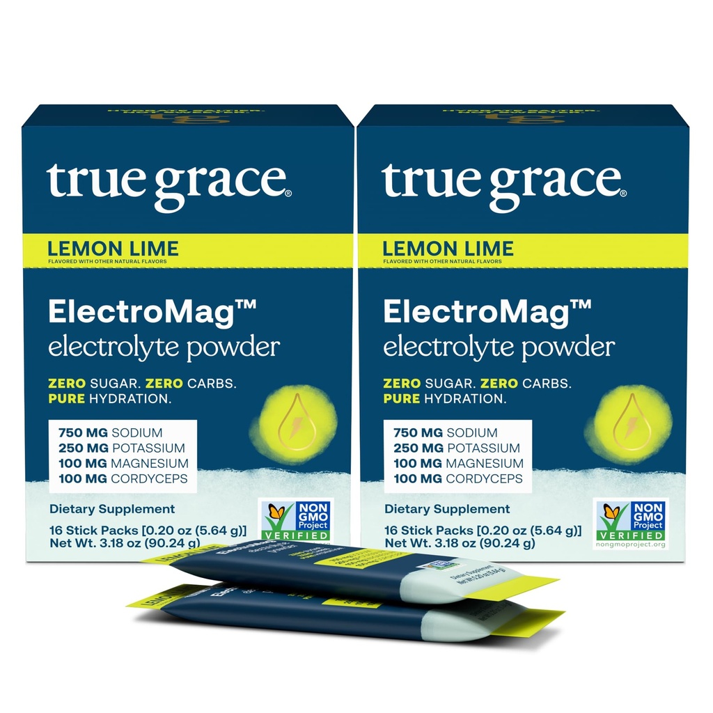 True Grace ElectroMag - 16 kleeppakendit (pakk 2) - Sidrunlubi - elektrolüütide pulber kiireks hüdreerimiseks - naatrium, kaalium, magneesium ja korditseps - null suhkur ja süsivesikud - mitte-GMO - 32 kokku