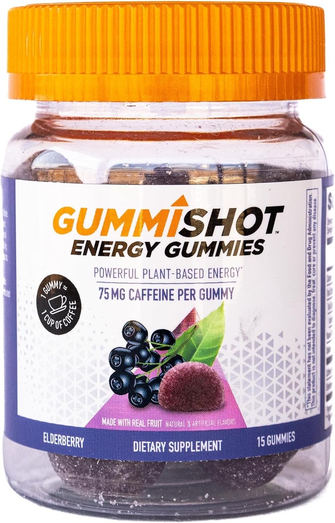 GummiShot Energy Gummies, 1125 mg taimepõhiseid kofeiinijuuste pudeli kohta, pikad energiavõimendid, leedripuu (15ct)