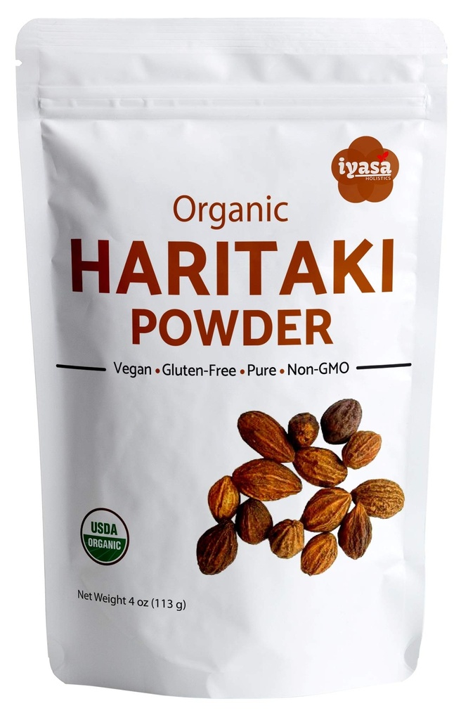 Iyasa Holistics Orgaaniline Haritaki Powder, Harde, Harad, Terminalia chebula, Kadakapudi, Ayurveda maitsetaimed seedimiseks, gaasivabastus, tervislik soolefunktsioon, supertoit, taassuletav kotike 4 oz