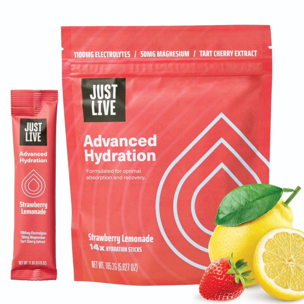 Just Live Advanced Hydration - Maasikas Lemonaad, Elektrolüütide Joogi Segu, Tart Kirsiekstrakt, Toetab Taastamist Ja Imendumist, Madal Suhkur, 14 Pack