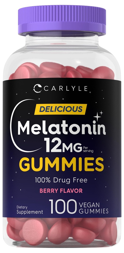 Carlyle Melatonin Gummies 12mg | 100 Count | Berry Flavor | Vegan Supplement | Non-GMO, Gluteenivaba