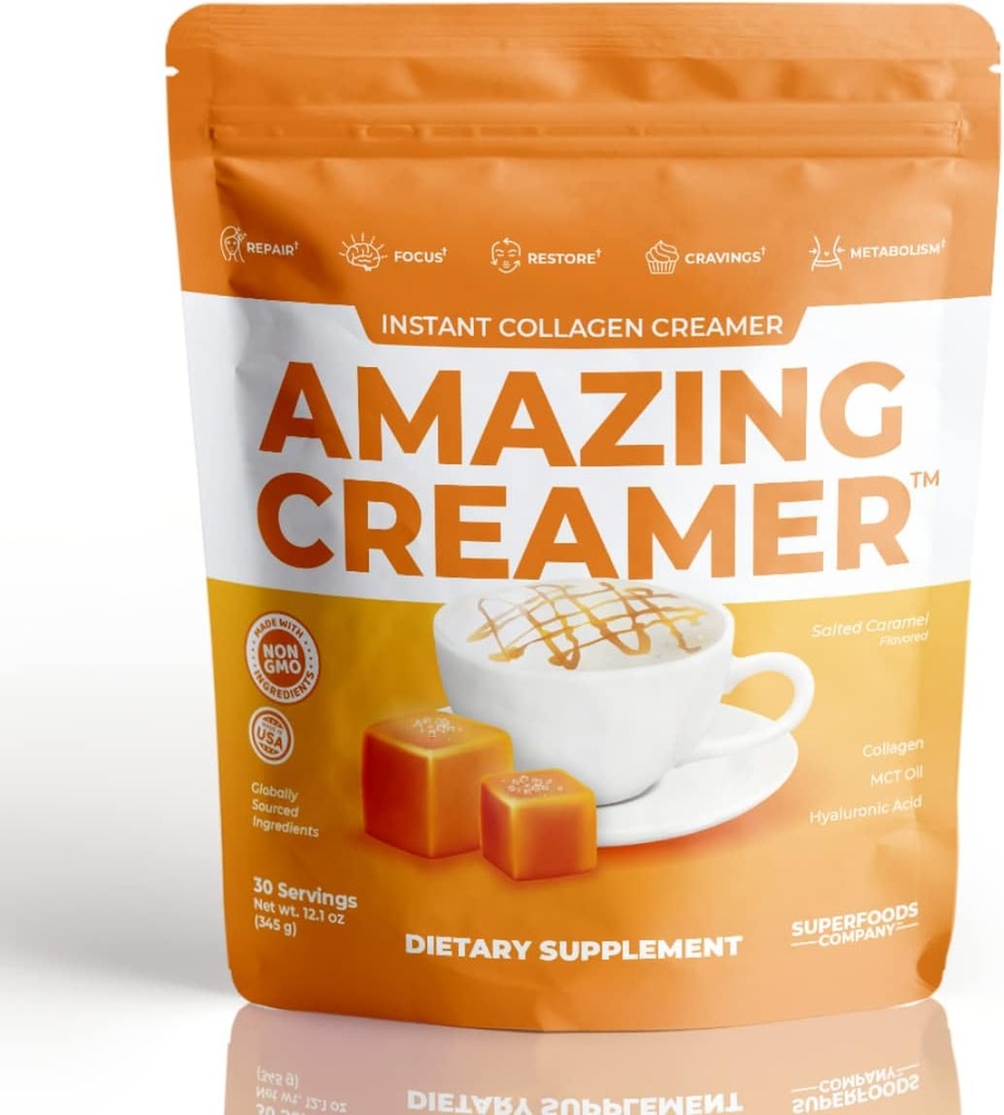 Superfoods Company Amazing Creamer kollageeniga - Keto Creamer-Hyaluronic Acid & MCT Oil - Aju suurendab ja piirab isu - toetab tervislikku nahka ja juukseid - dieet-sõbralik [30 serveerimist] [soolatud karamelli]