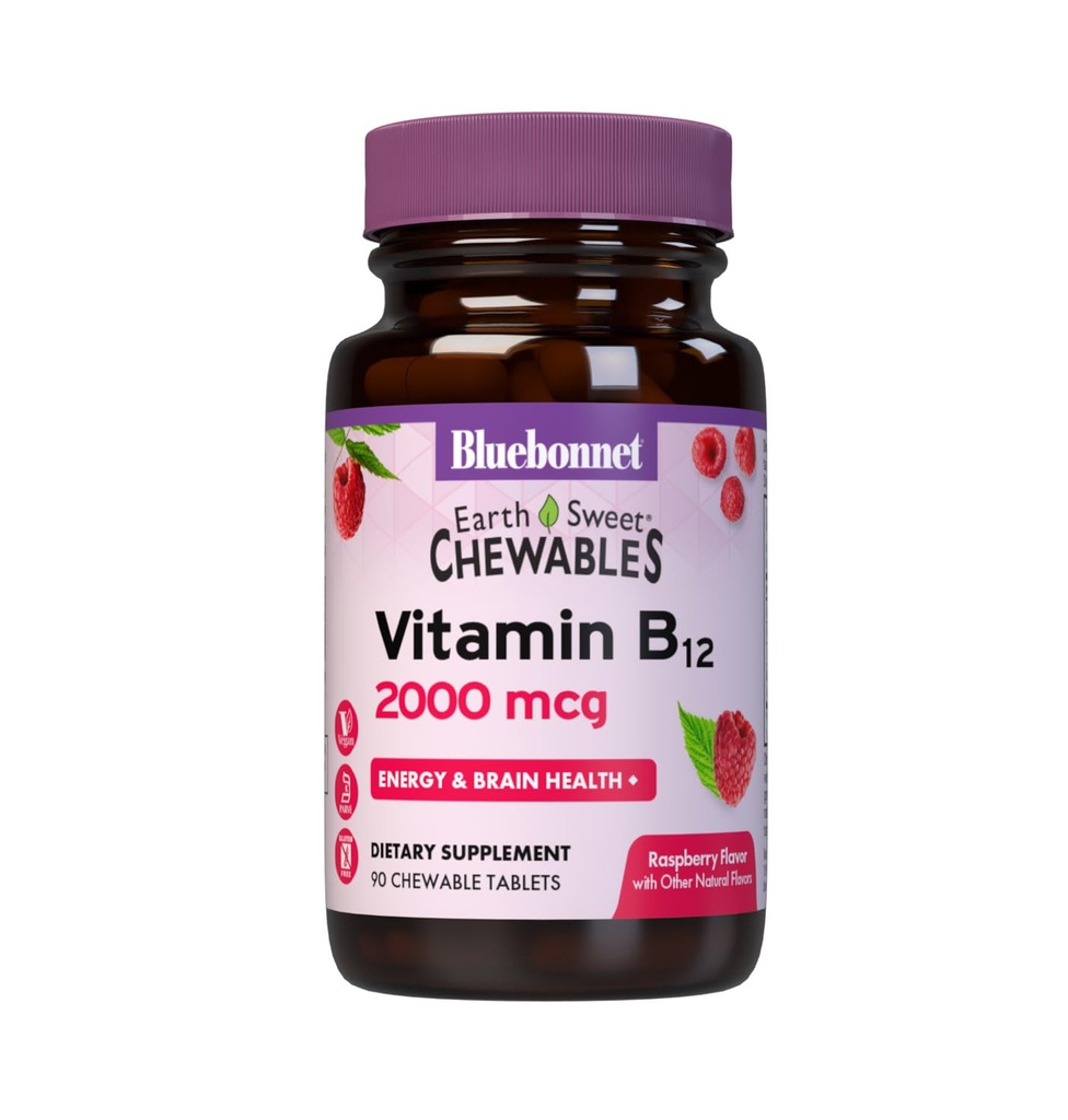 BlueBonnet Nutrition Earth Sweet Vitamin B12 2000 mcg närimistabletid, sojavabad, gluteenivabad, Kosher sertifitseeritud, piimavabad, veganid, vaarikamaitselised, 90 närimistabletti, 90 serveerimist