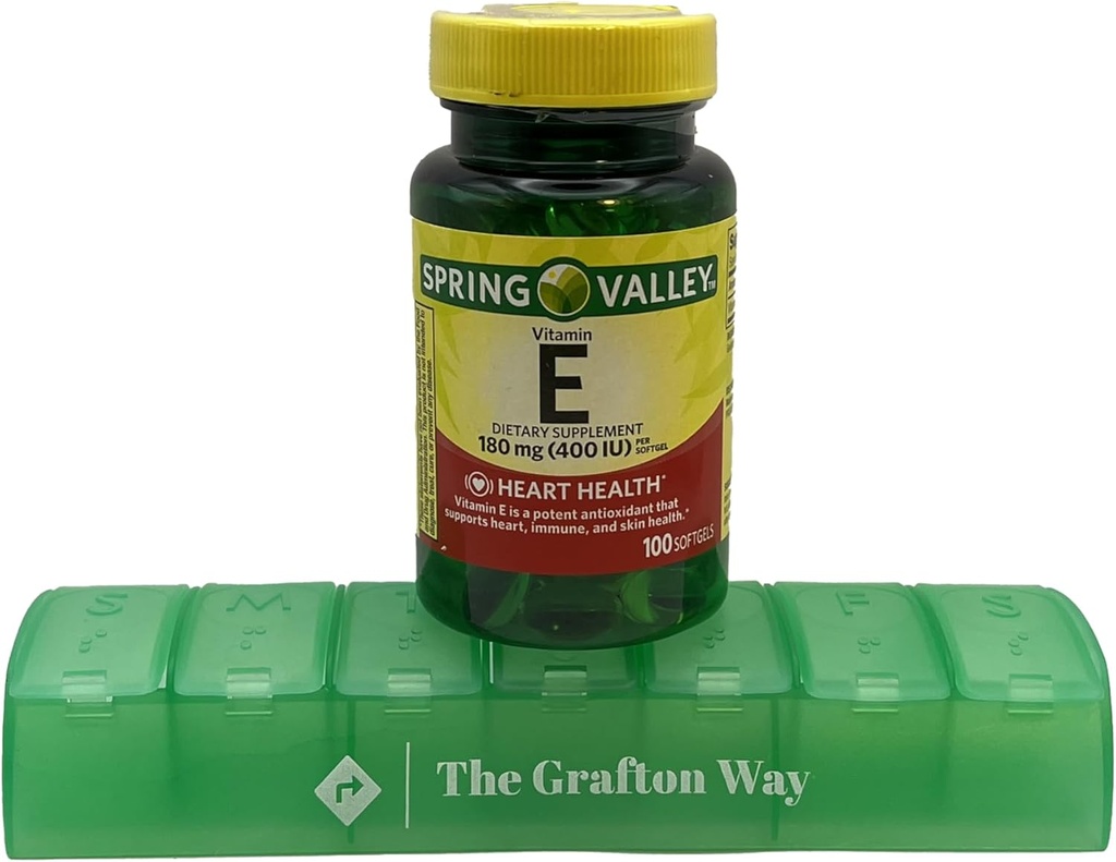 Spring Valley E-vitamiini toidulisand, 180 mg, 100 loend koos täiendava Grafton Way pillide korraldajaga