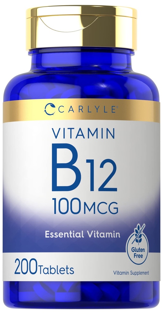 Carlyle Vitamiin B12 100mcg | 200 tabletti | Essential Vitamin Supplement | Vegan, Non-GMO ja Gluteenivaba valem