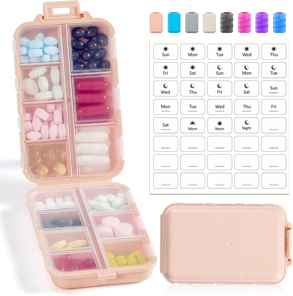 14 GRIDS Travel Pill Organizer Box koos etikettidega - Travel Medicine Case Kit - Pocket Daily Pharmacy Container - Travel Medic Holder for Fish Oil Vitamin Supplement Storage - Pink