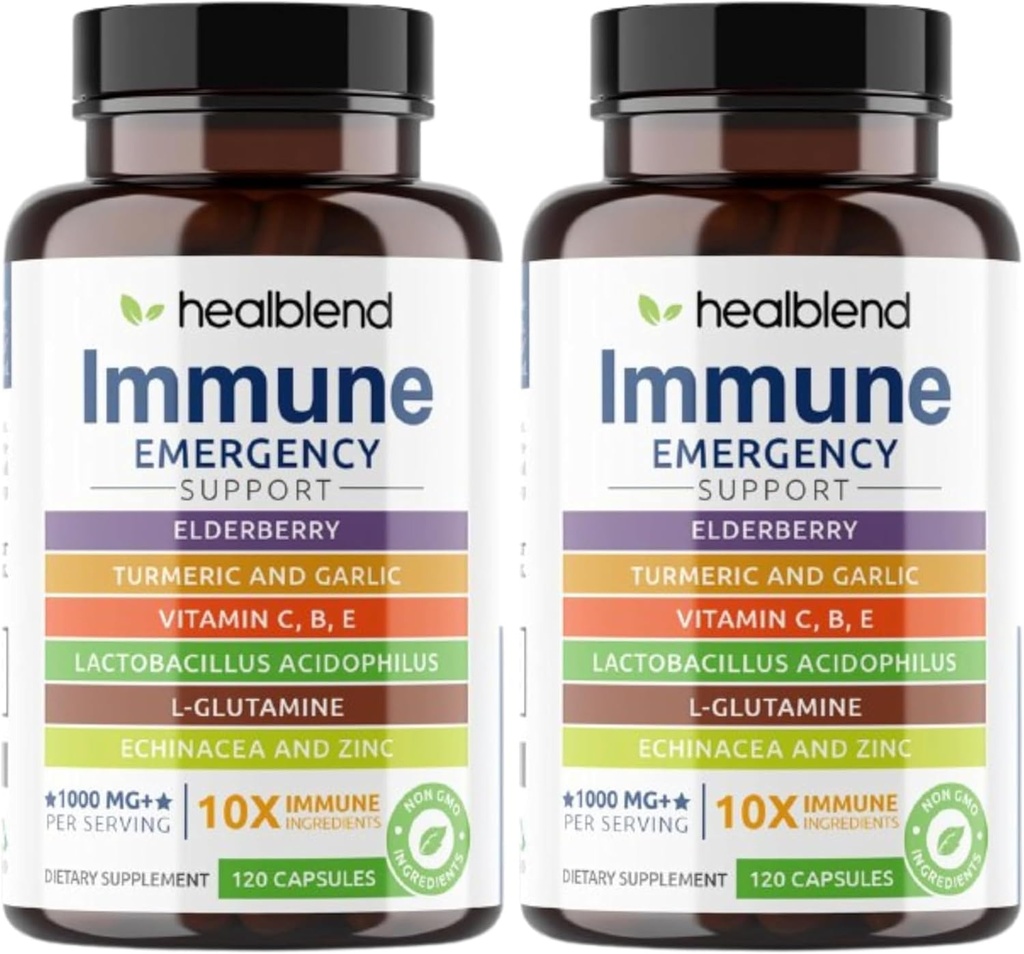 healblend 10 in 1 Immune Support Supplement Booster Elderberry, Tsink, Echinacea, Kurkum, Lactobacillus Acidophilus, täiskasvanutele (2 Pack)
