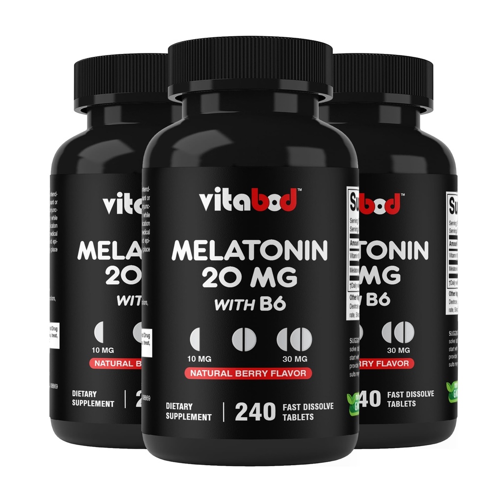 Melatoniin 20 mg - 240 Kiiresti lahustuvad tabletid - ravimivaba - looduslik marjamaitse - taimetoitlane, mitte-GMO, gluteenivaba 240 loend (pakk 3)