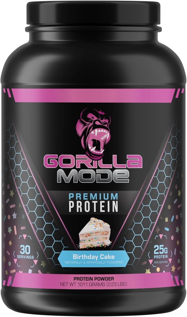 Gorilla Mind Premium Whey Protein - Sünnipäevakoogi, 25 grammi vadakuvalku isolaat ja kontsentraat, taastada ja ehitada lihaseid (30 serveerimist)