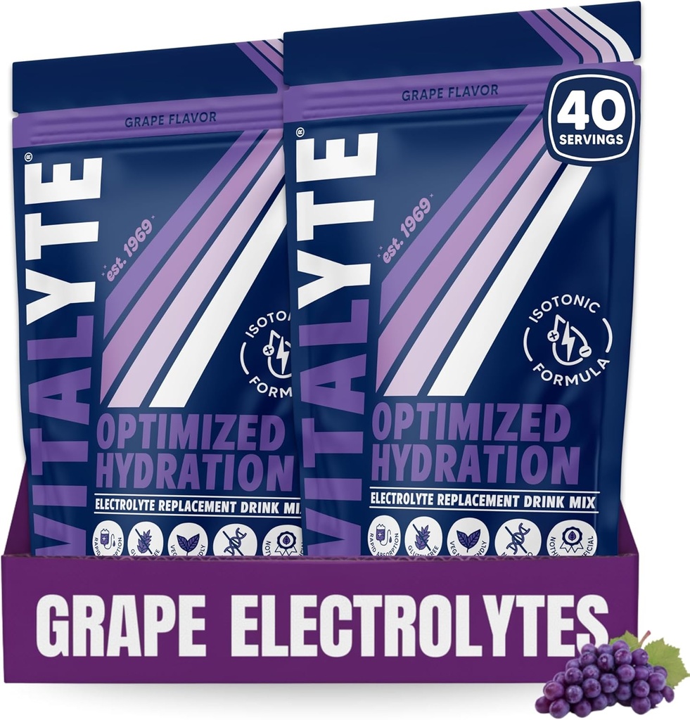 Vitalyte Electrolyte Powder Drink Mix, Isotonic Electrolyte Hydration Mix, Gluten Free Post Treening Powder Mix, Pack of 2, 35 oz. Viinamarjamaitse