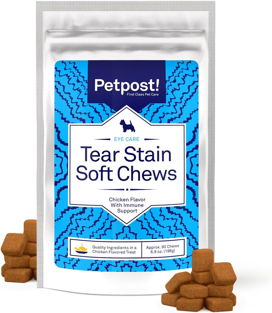 Petpost Tear plekieemaldaja Pehmed närid koertele | 90 Count Chicken Flavor Dog Tear Stain Support Supplement | Valgete koerte ja kergete tõugude õrn silmahooldus | Tylosin Free, valmistatud USA-s
