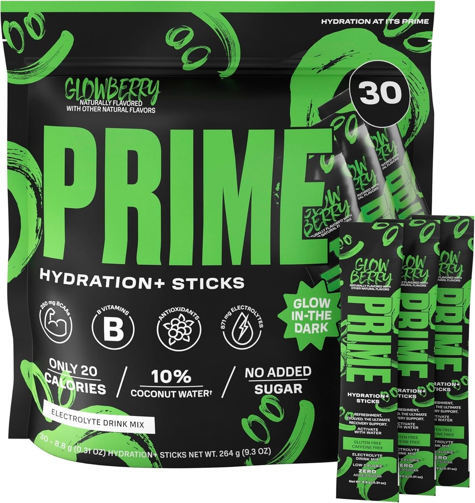 PRIME HYDRATION+ Sticks GLOWBERRY | Hüdratsioonipulber Ühekordse Serviga Pulgad | Elektrolüüdipulber Go | Madal suhkur | Kofeiinivaba | Vegan | 30 Pulgad