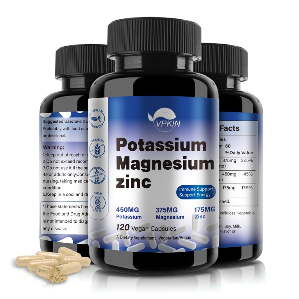 Kaalium Magneesium Supplement 1000mg, Magneesium Kaalium Tsink Aspartaat Tugi Vaskulaarsed, Luu, Südame, Lihaste Ja Närvi Tervis, Mitte-GMO, Vegan, (120 kapslit)