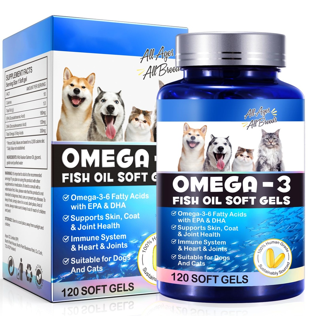 Omega-3 kalaõli koertele, Omega 3 kalaõli EPA & DHA-ga toetab koeri Hooajaliste allergiate leevendamine, suurendab immuunsüsteemi funktsiooni, naha leevendamist ja edendab karvade tervist, lemmiklooma toidulisandeid - 120 pehmet geeli