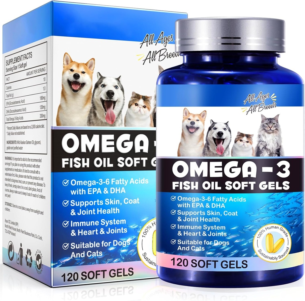 Omega-3 kalaõli koertele, Omega 3 kalaõli EPA & DHA-ga toetab koeri Hooajaliste allergiate leevendamine, suurendab immuunsüsteemi funktsiooni, naha leevendamist ja edendab karvade tervist, lemmiklooma toidulisandeid - 120 pehmet geeli