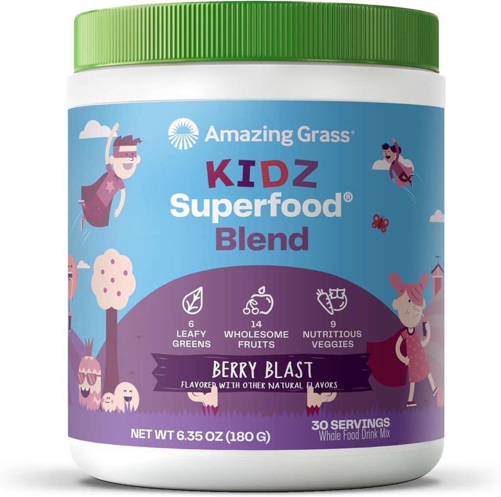 Amazing Grass Kidz Superfood: orgaanilised rohelised, puuviljad, köögiviljad, peedi juure pulber ja probiootikumid tervetele lastele, Berry Blast, 30 Servings