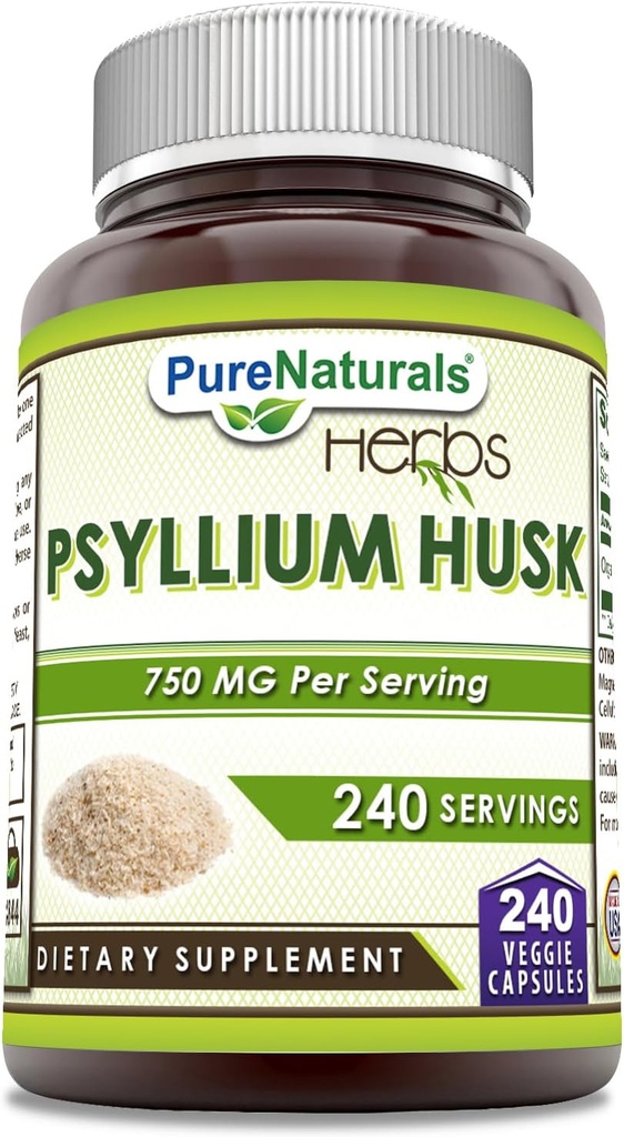 Pure Naturals Psyllium Husk Supplement | 750 Mg per Serving | 240 Veggie kapslid | Mitte-GMO | Gluteenivaba | Valmistatud USAs