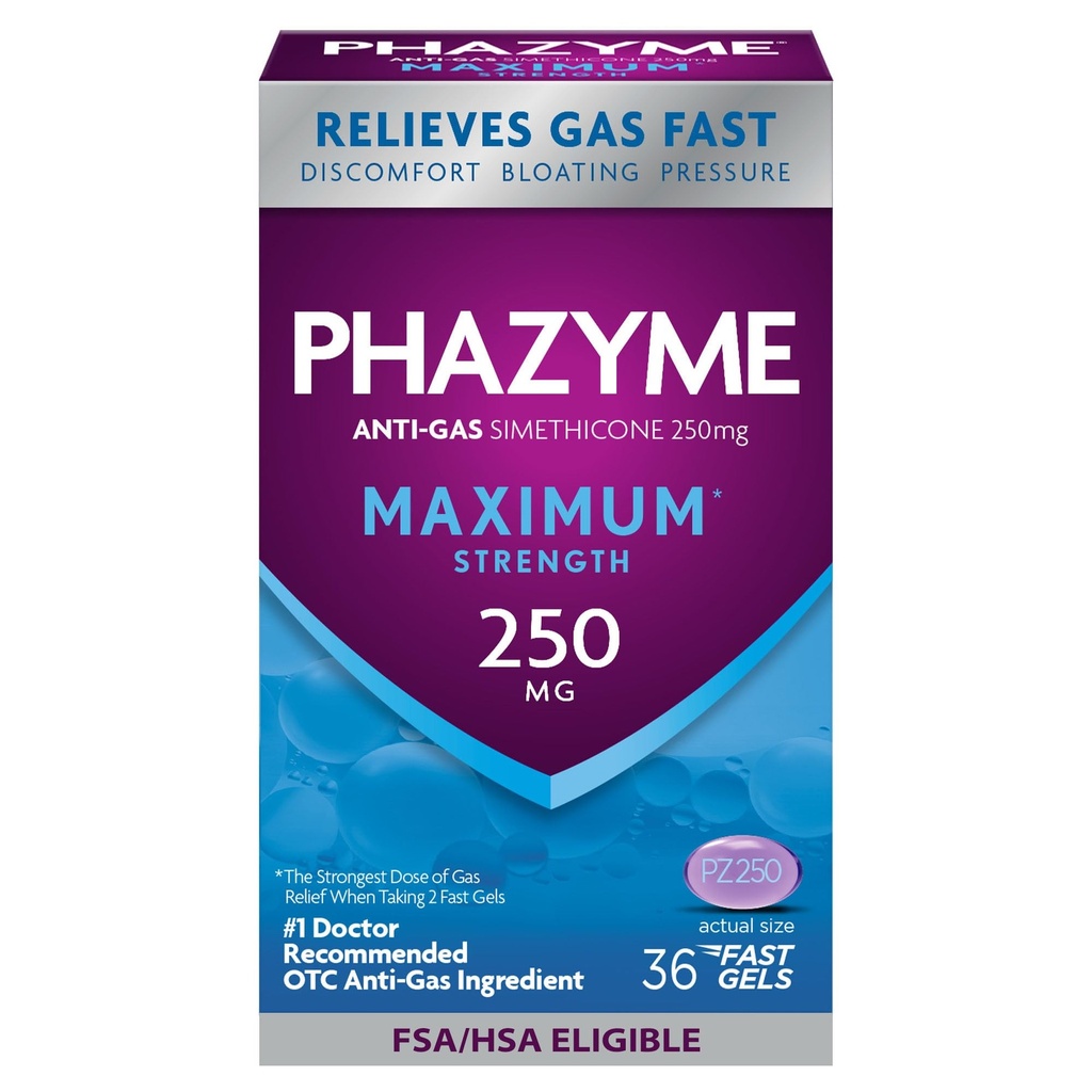 Phazyme Maximum * Tugevus Anti-Gas 250 mg Simethicone Gas Relief täiskasvanutele, Kiire Gels Kiiresti Kergendada Bloating, Rõhk & Ebamugavus, 36 Count