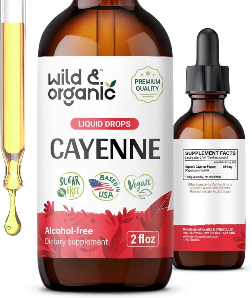 Wild & Organic Cayenne Pepper Tinktuura - kapsaitsiini täiendused seedetrakti toetuseks - Cayenne Pepper Extract Vequid - Vegan, alkoholivabad tilgad - 2 fl oz