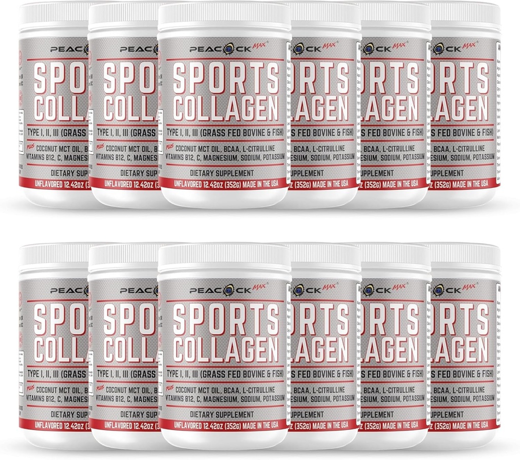 Sport Collagen Powder, 12.42 oz, Pack of 12 - Grass Fed Bovine & Wild Fish Hüdrolüüsitud tüüp I, II, III Multi kollageen Peptiidid, maitsestamata valgu pulber elektrolüütidega