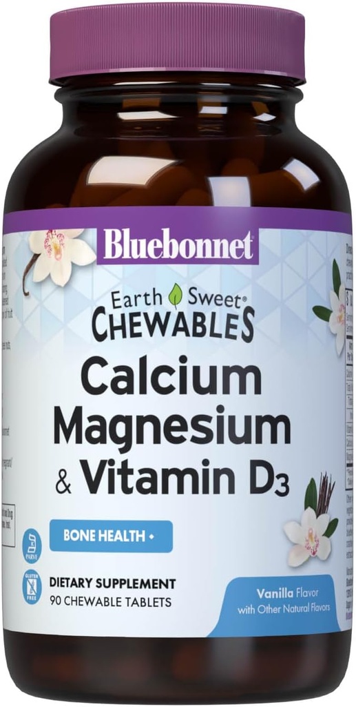Bluebonnet Nutrition Calcium Magnesium Plus Vitamiin D3 Maamagus, Luude Tervis ja lihaste lõõgastus, Sojavaba, Gluteenivaba, Kosher sertifitseeritud, piimavaba, 90 Vanilla Maitsestatud närimistabletti