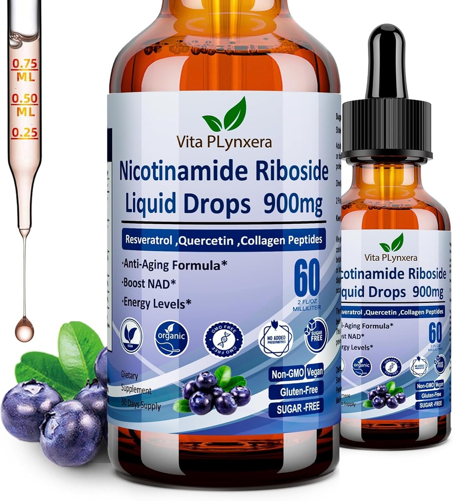 NAD täiendused naistele ja meestele, NAD nikotiinamiid Ribosiid Resveratrool 900mg & kvertsetiin, niatsiin, kollageen, biotiin, vedel NAD Plus täiendus NR900 vananemisvastase naha energia pikaealisuse fookus aju