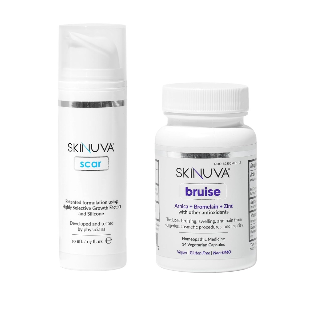 Skinuva® Scar (1,7 oz) & Bruise (14 kapslit) - Advanced Silicone Cream formuleeritud kasvufaktorid ja homöopaatiline Bruise Remedy formuleeritud Arnica, Bromelain & Zinc
