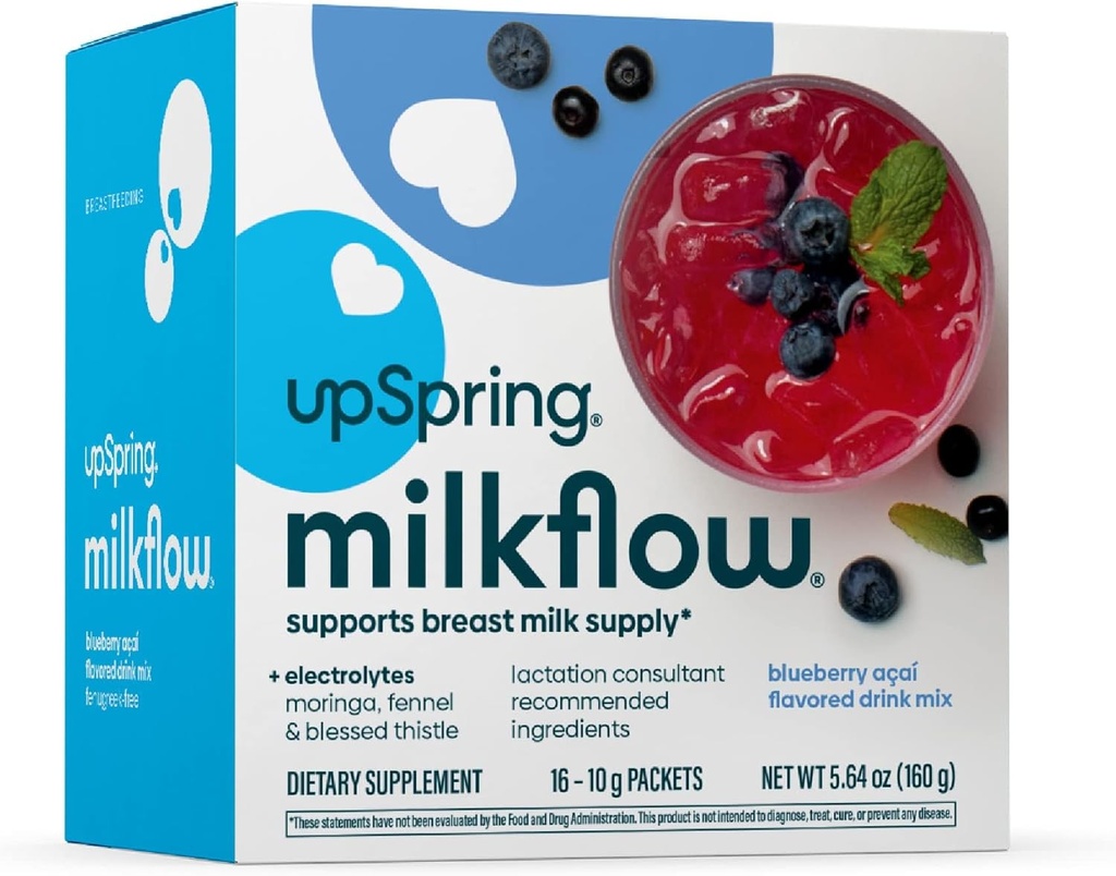 UpSpring Piimavool Elektrolüüt Rinnaga toitmine Täiendusjook Segu lambaläätsevaba, Moringa & mustikas Acai Maitse, Imetamise täiendus rinnapiima pakkumise toetamiseks ja elektrolüütide taastamiseks, 16 segu