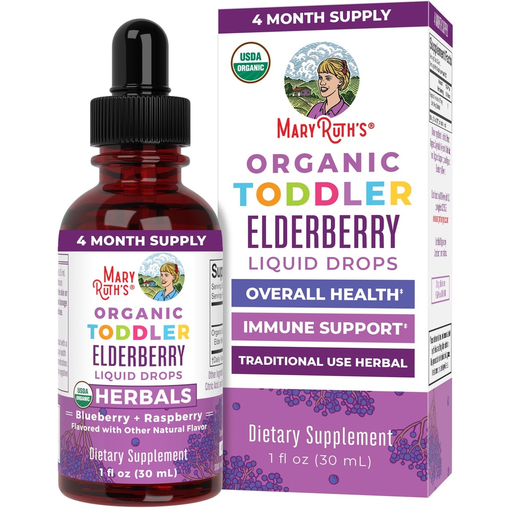MaryRuth Organics Toddler Elderberry Syrup, USDA Organic Elderberry, Sugar Free Kids Immune Support Supplement for Ages 1-3 Years, Clean Label Project Verified®, Vegan, Non-GMO, Gluteenivaba, 1 Fl Oz