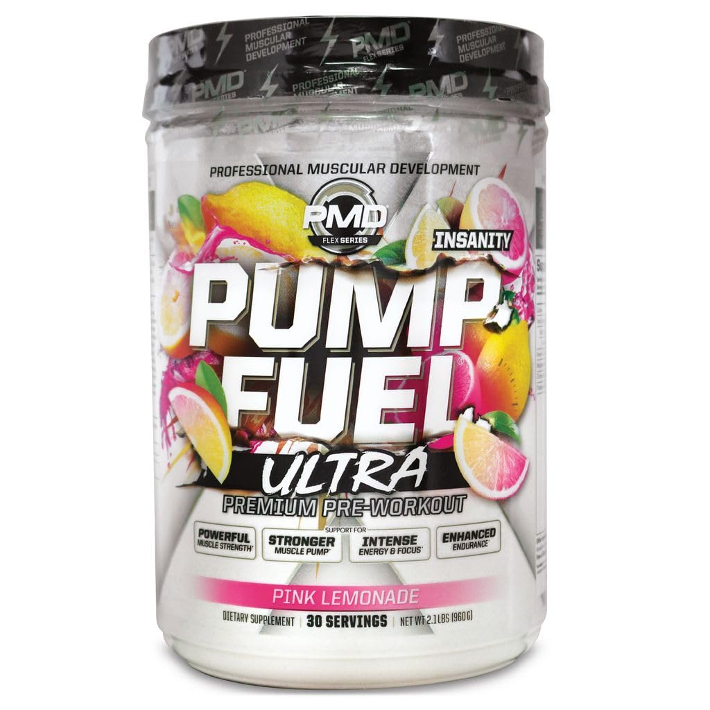 PMD Sport Pump Fuel Ultra Insanity - Premium Pre Workout Powder & Lihaspump, Greater Focus, Endurance & Recovery, Premium Kreatiin, Arginine & Beeta Alanine - Roosa Lemonaadi (30 Servings)
