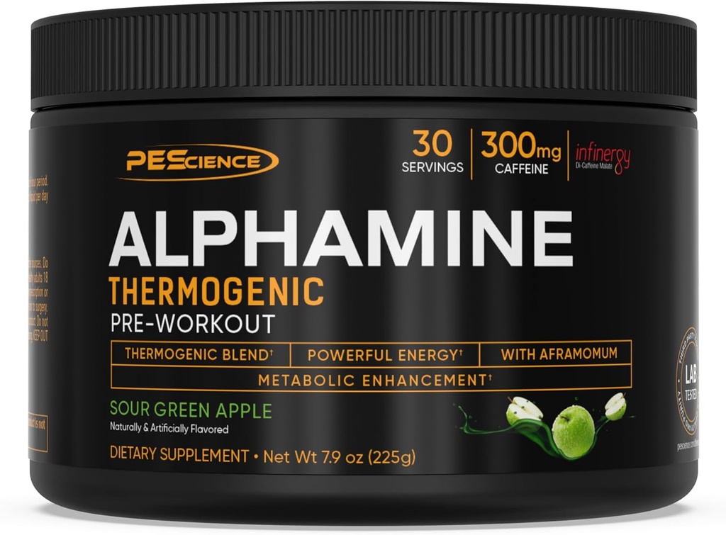 PEScience Alphamine Thermogenic Pre Workout, Fat Burner Pre Workout Energy Pulber L-karnitiiniga, Hapu roheline õun, 60 Scoops