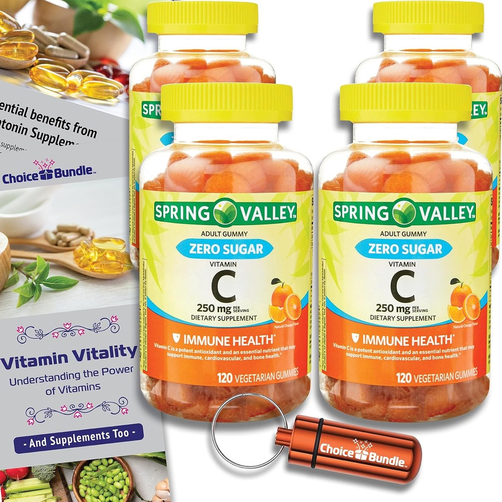 Valik Bundle Spring Valley Nullsuhkur C-vitamiin Gummies Toidulisandi 250 mg 120 Ct 4 pk (480 Kokku) + Vitamiini juhend ja pillide konteiner (6 kaupa)!