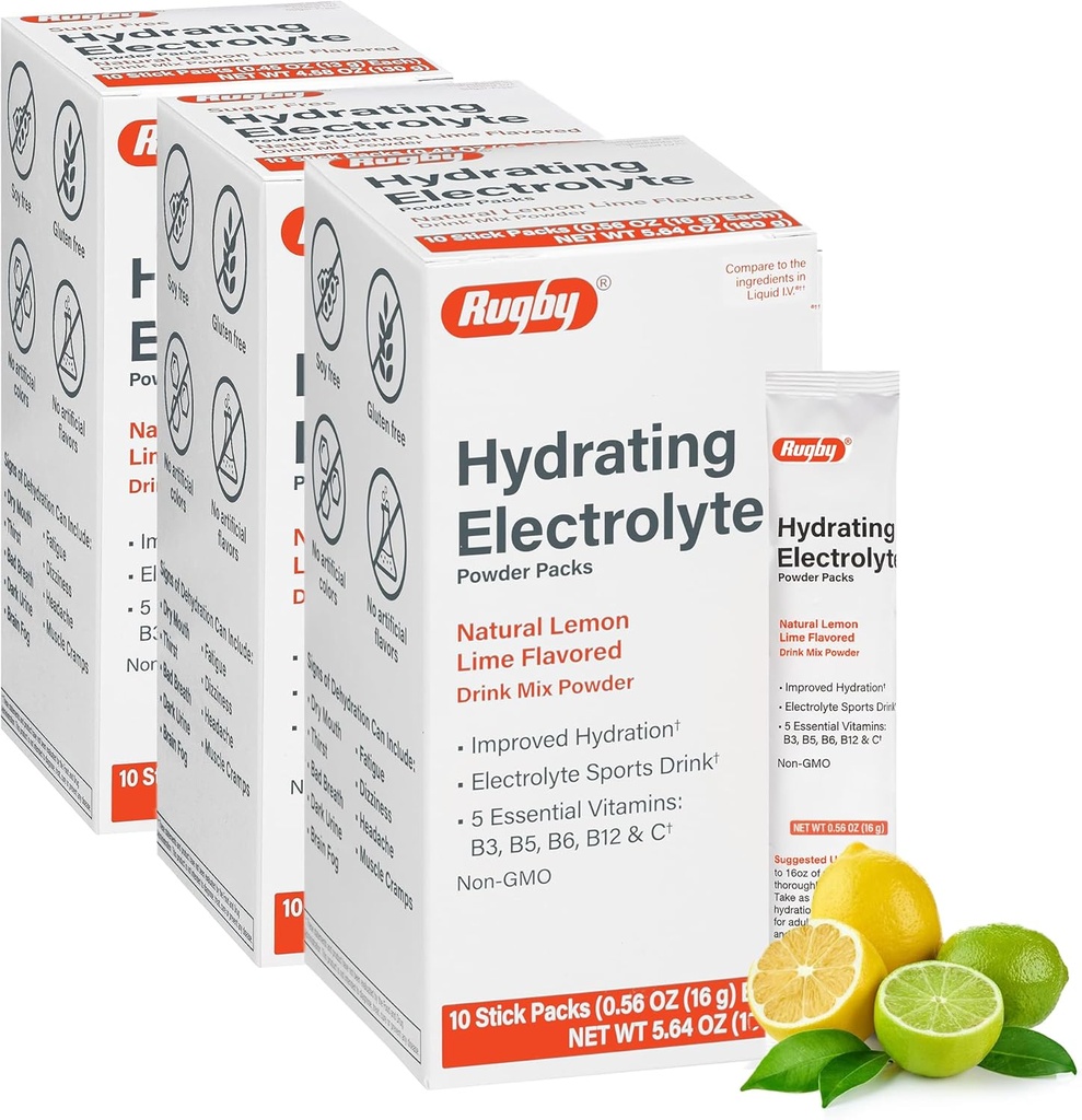 Rugby Hüdreerimine Elektrolüütide Pulber Pakendid - Jooge Segu Pulber Pakendid 5 Vitamiinid - Parem Hüdreerimine - Looduslik Sidrun-Lime Maitse - 10 Stick Packs - 0,56 Oz Iga (3 Pakend)